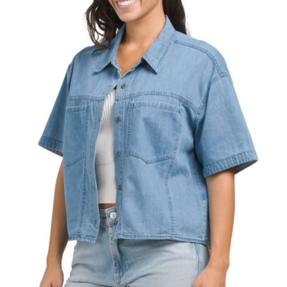 NICOLE MILLER NEW YORK Chambray Cropped Button Front Top Size S